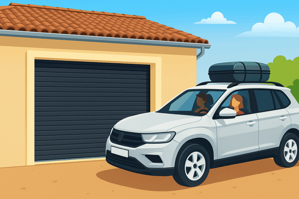 Maison fermée avec volet de sécurité et voiture sur le départ en vacances